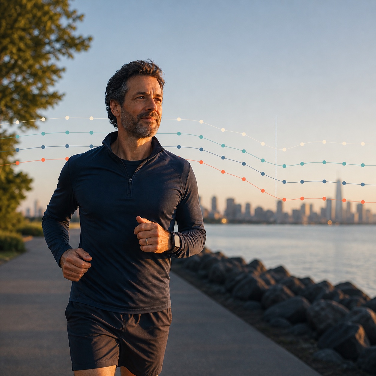 A healthy adult running with longitudinal profile lines extending across the scene