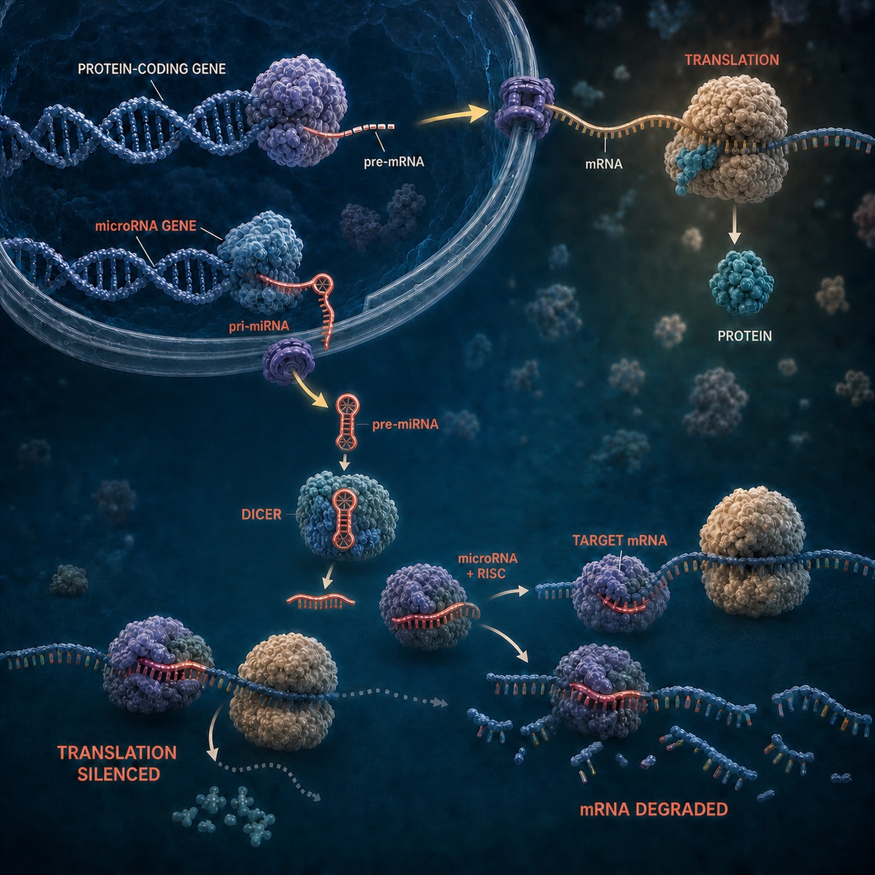 Protein-coding pre-mRNA and a microRNA precursor formed inside the nucleus, exported separately and processed in the cytoplasm