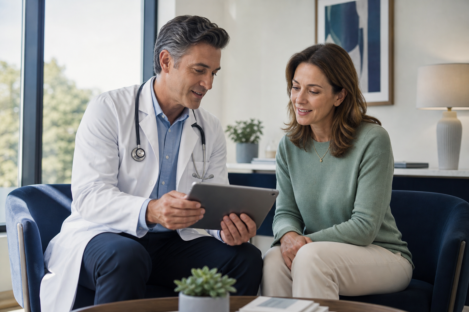 A physician and patient reviewing health information together, with both faces visible