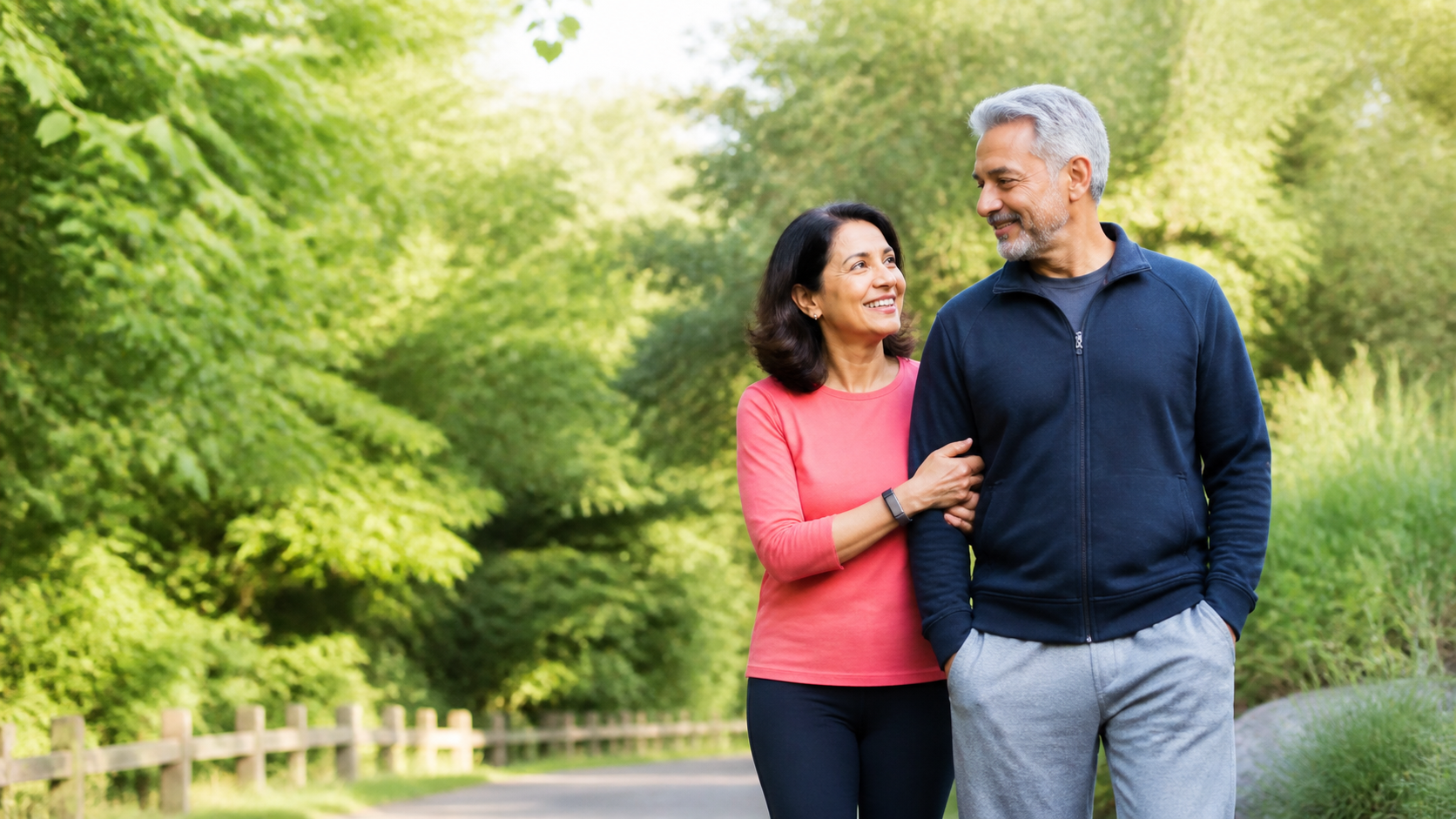 An active couple walking outdoors together