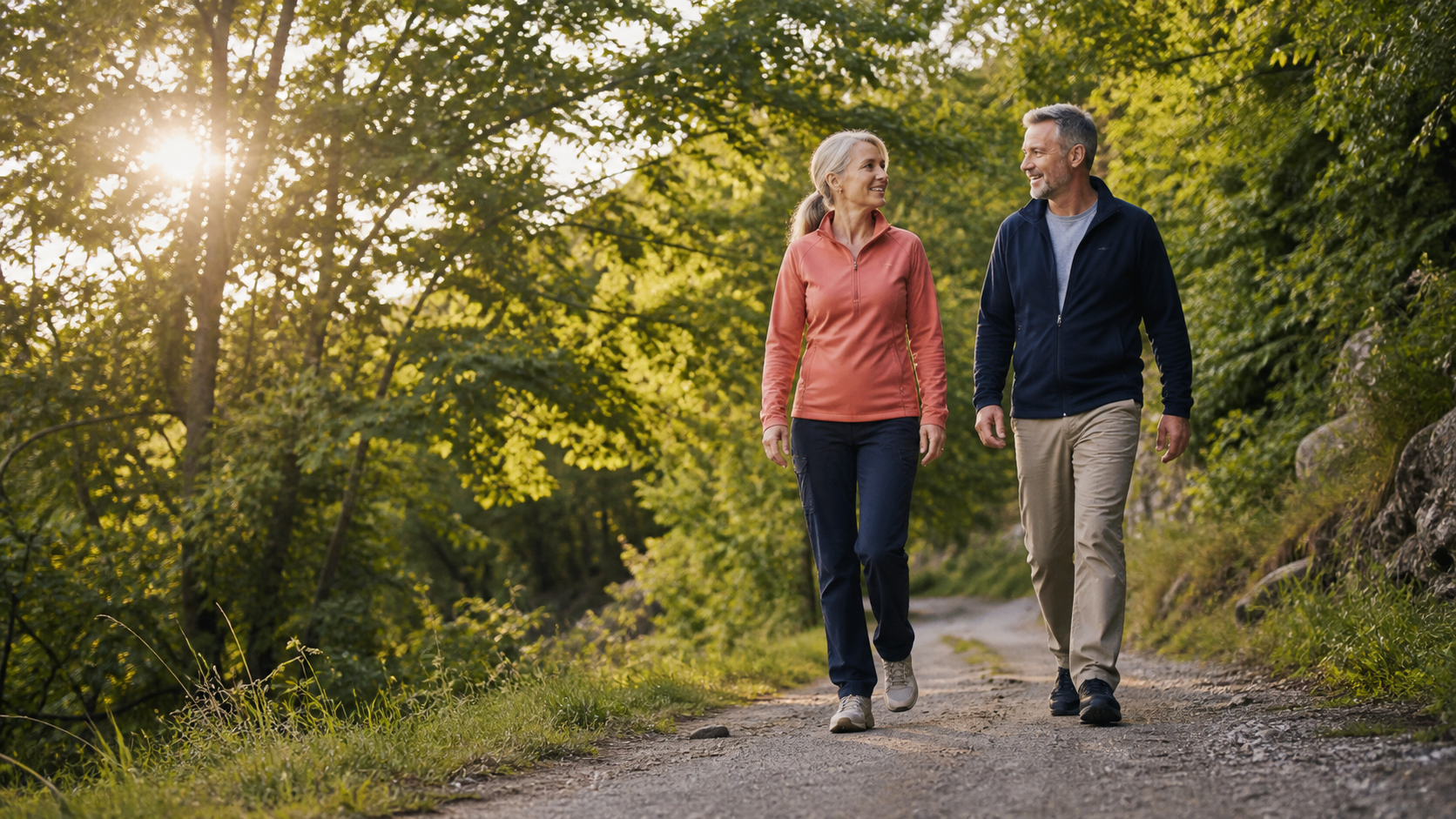 Two active older adults walking outdoors in warm morning light