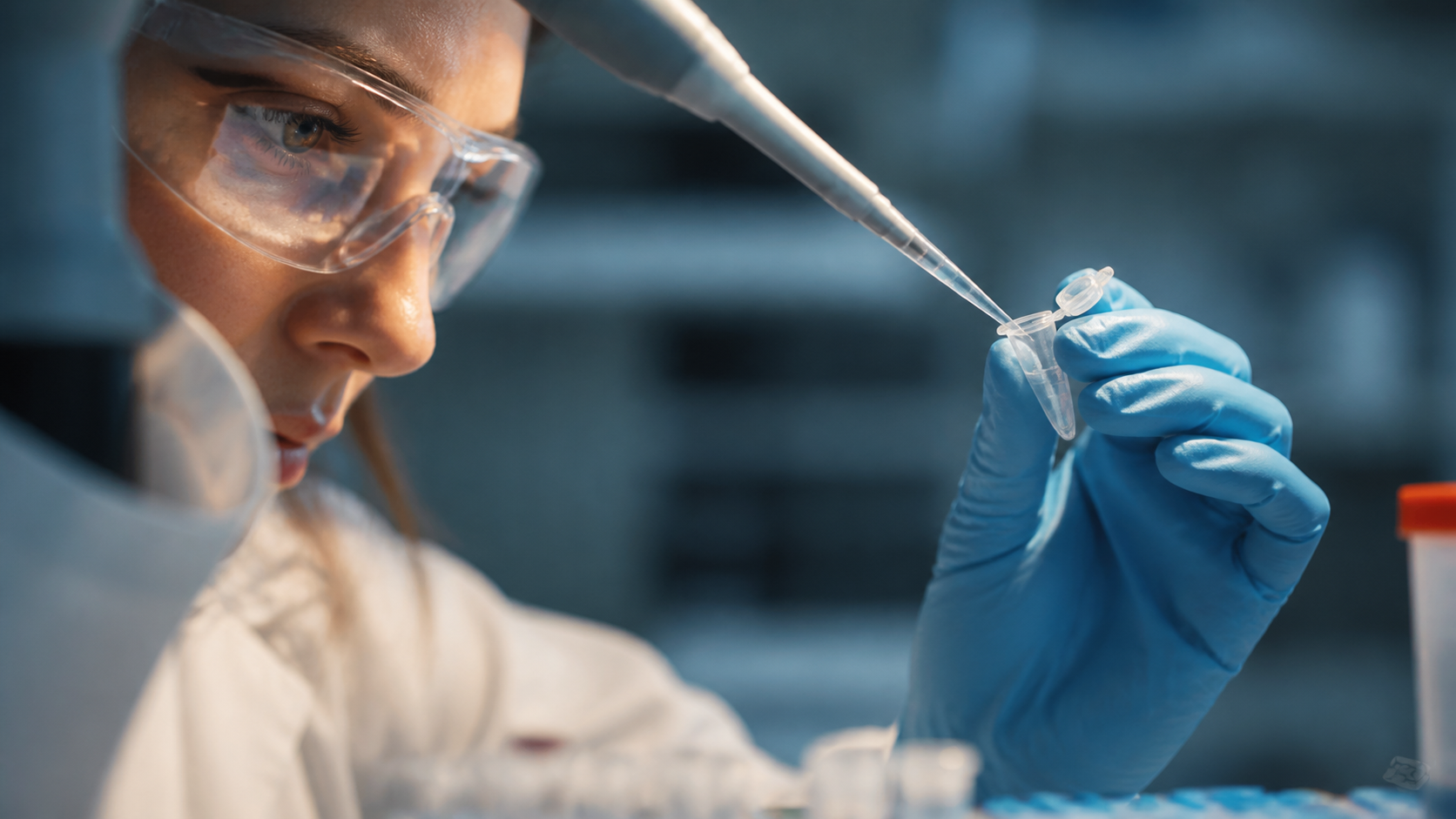 A laboratory scientist preparing a small biological sample for molecular analysis