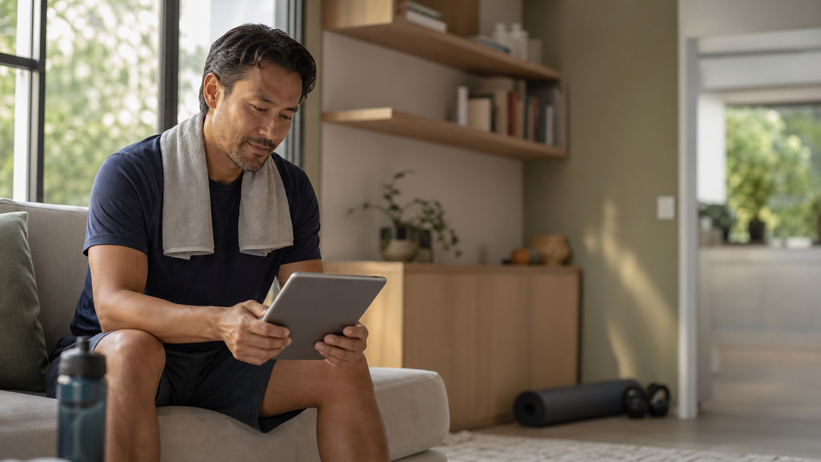 A healthy adult reviewing information after exercise at home